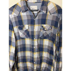 American Eagle Pearl Snap‎ Vintage Fit Western Shirt Blue yellow Plaid XL Soft